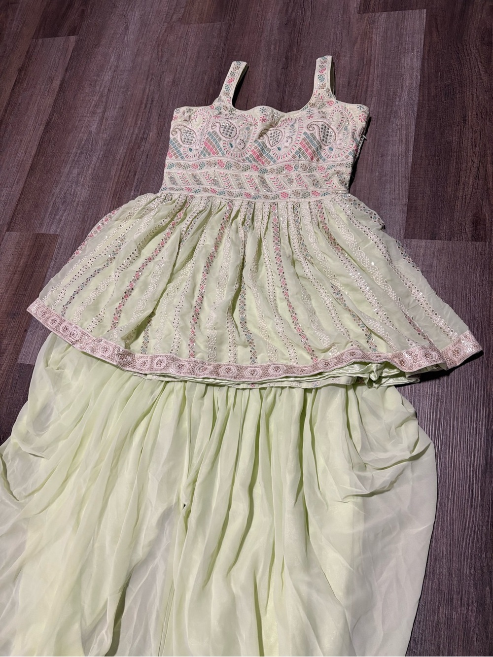 Embroidered Pale Lime Peplum Top with Draped Chiffon Skirt - ethnic Indian wear - Picture 6 of 7
